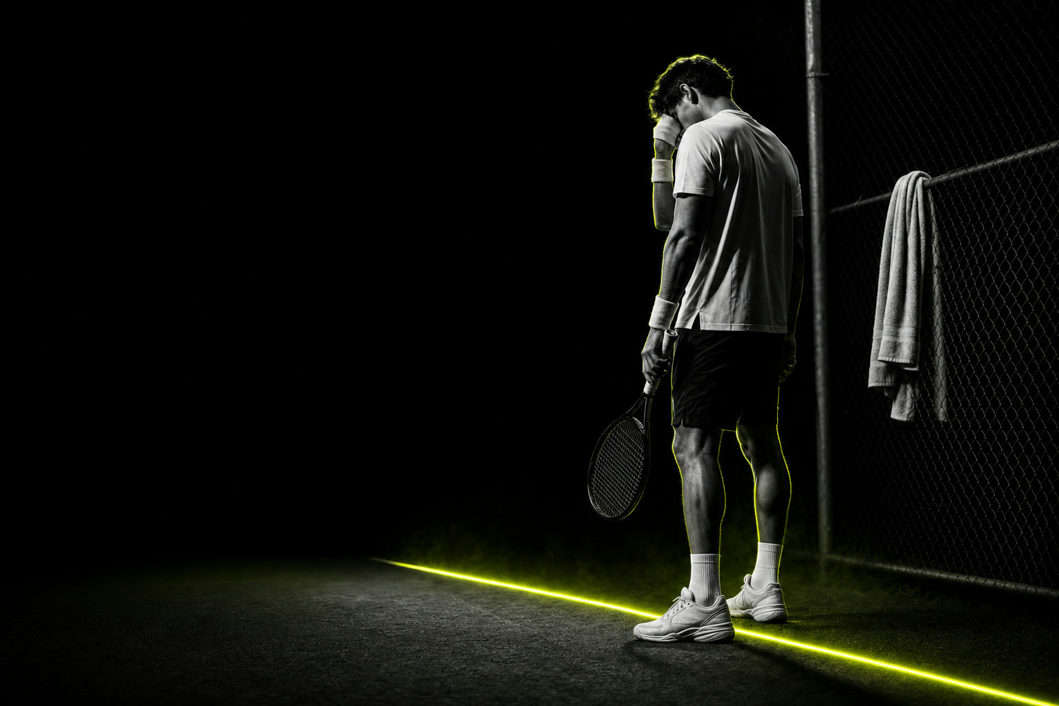 A player at the back fence between points, wristband pressed to the forehead