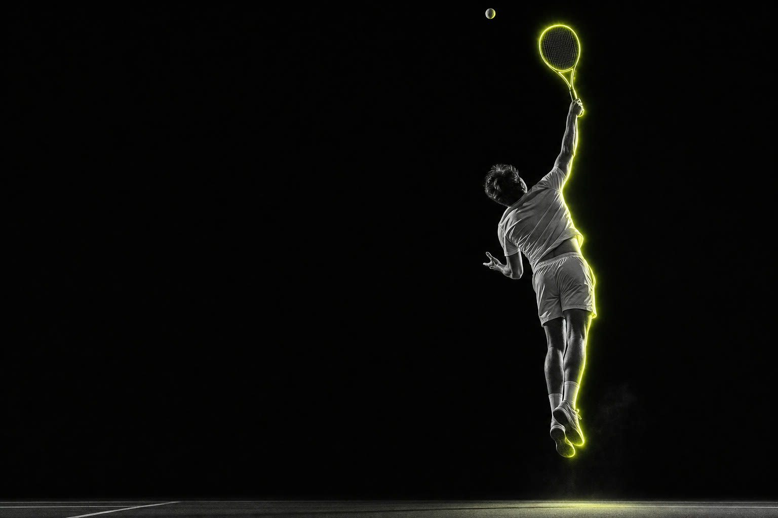 A server stretched up an instant before contact, the rim light running from ankle to racquet
