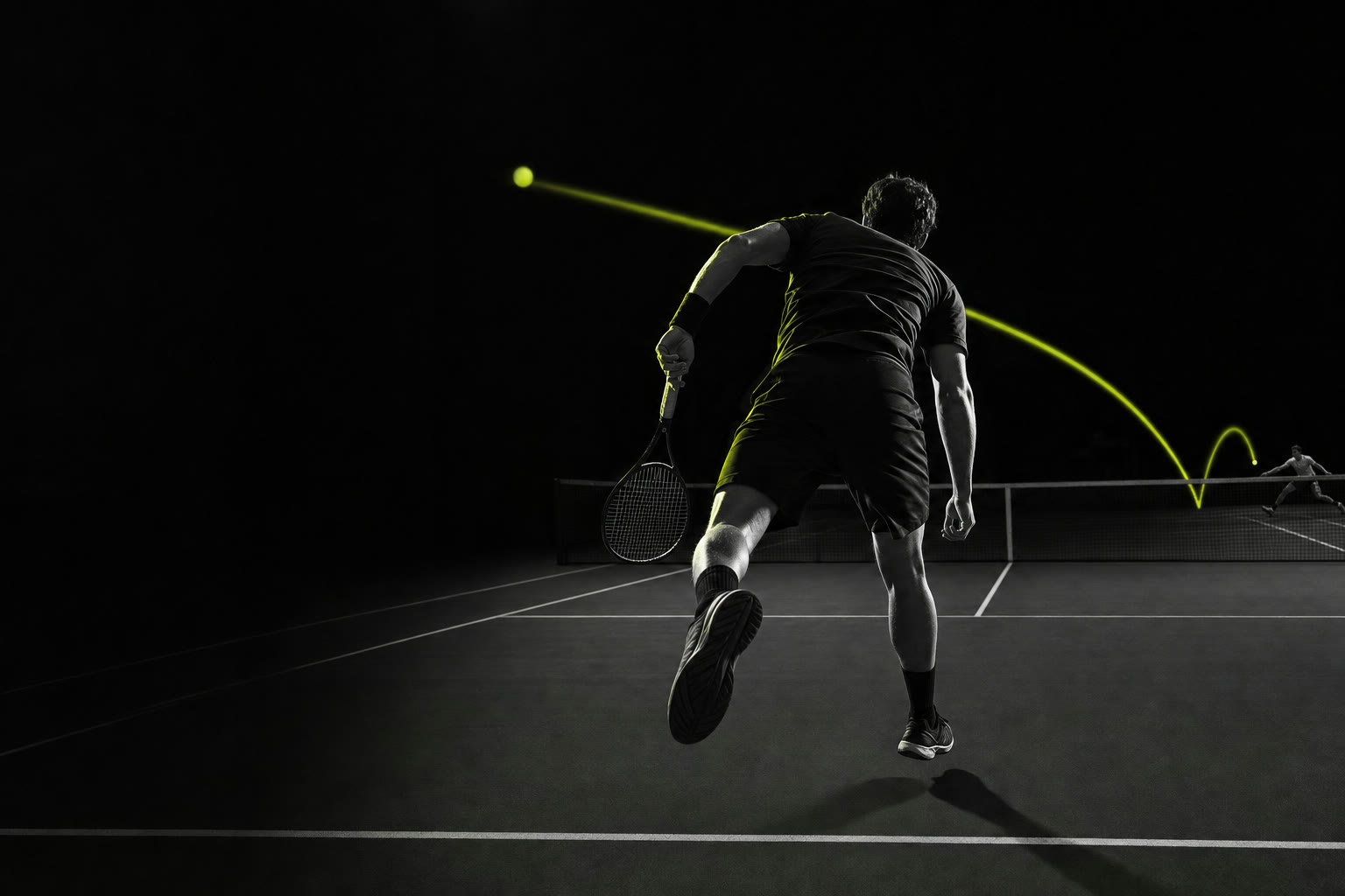 Behind a server stepping in after a wide serve, the returner stretched wide, a trail into the open corner