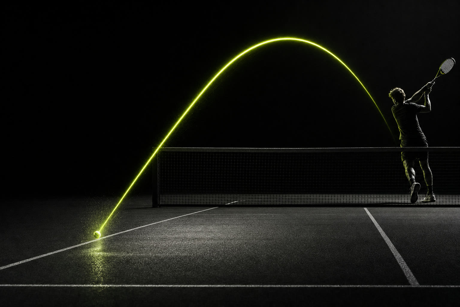 A heavy topspin ball tracing a high arc over the net and dropping in